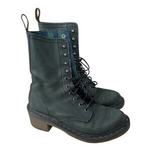 Dr. Martens Casey Green Leather Heeled Combat Boots Women’s 7 Plaid Lined